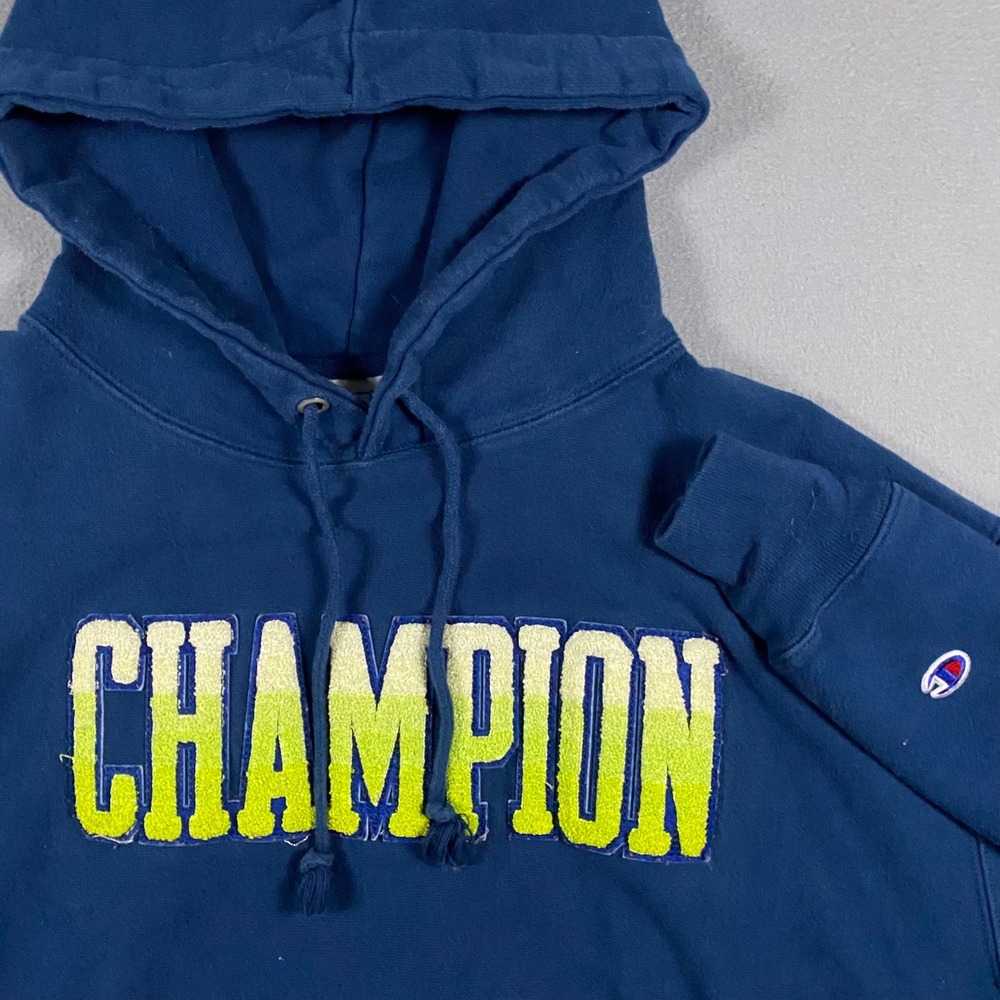 Champion Reverse Weave Hoodie Navy Blue Spelloutโ Chenille Gradient XL GF68